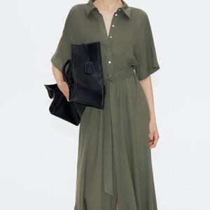 H&M Tie-belt Shirt Dress Olive Green Small